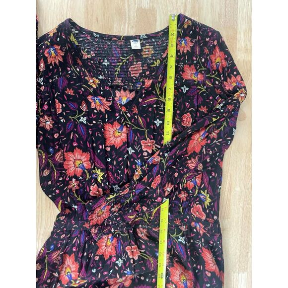 Old Navy Women's Size M Black Red Midi Fit & Flare Dress Floral Smocked-Waist - Picture 9 of 10